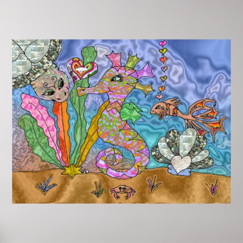 Psychedelic Seahorse Sea Turtle Art Poster