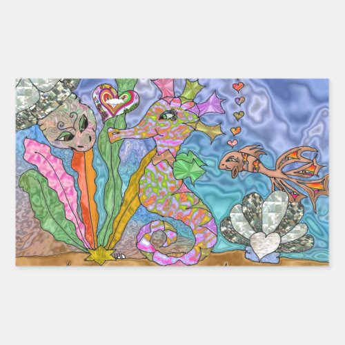 Psychedelic Seahorse Sea Turtle Art Rectangular Sticker
