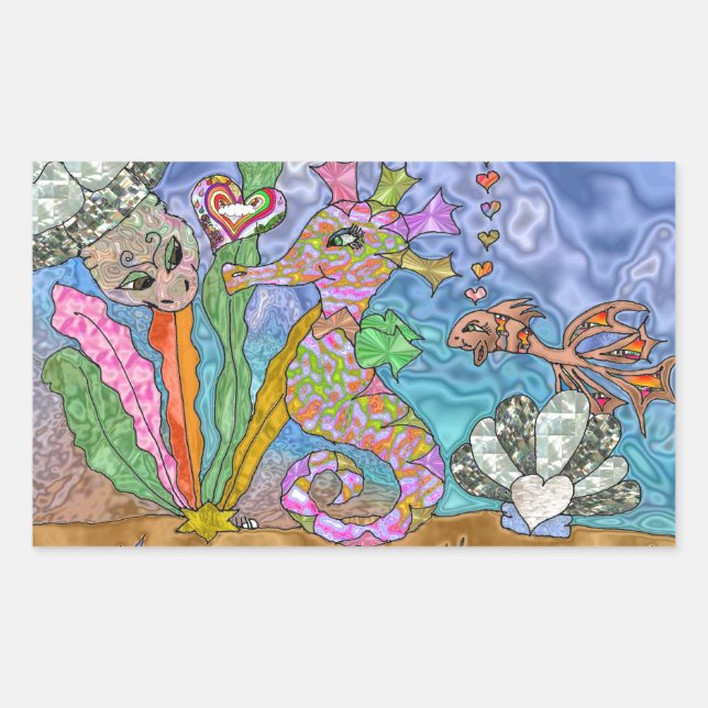 Psychedelic Seahorse Sea Turtle Art Rectangular Sticker (Front)