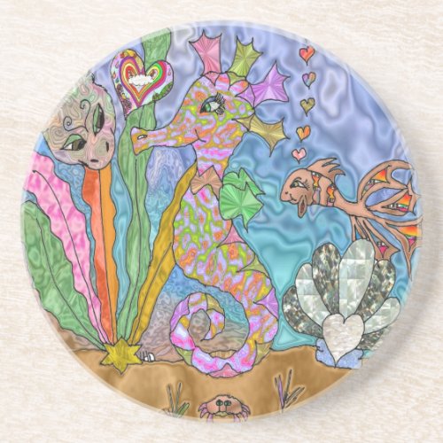 Psychedelic Seahorse Sea Turtle Art Sandstone Coaster
