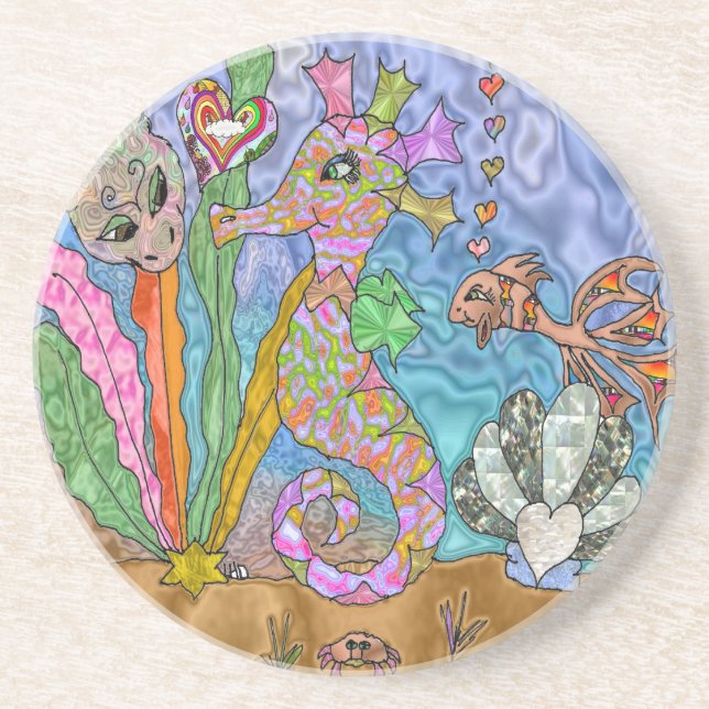 Psychedelic Seahorse Sea Turtle Art Sandstone Coaster (Front)