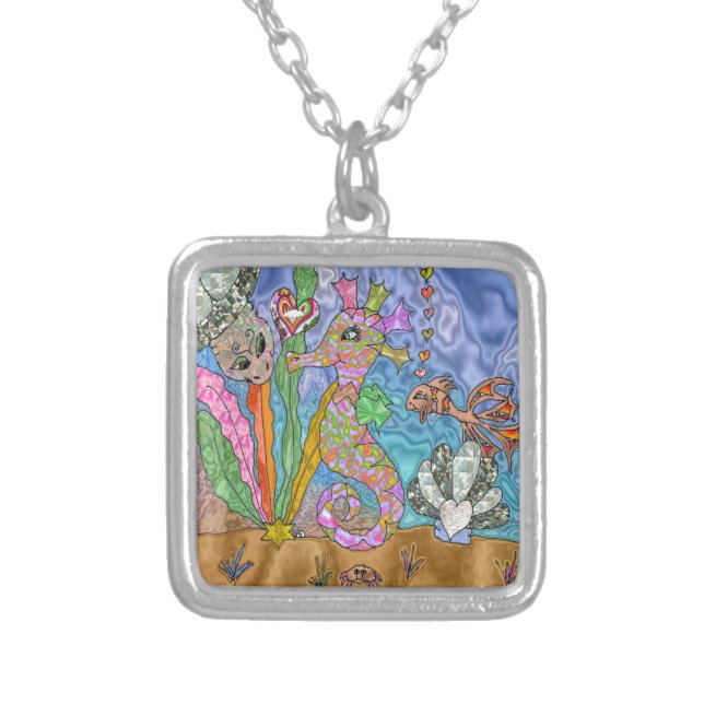 Psychedelic Seahorse Sea Turtle Art Silver Plated Necklace (Front)