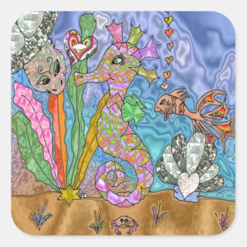 Psychedelic Seahorse Sea Turtle Art Square Sticker