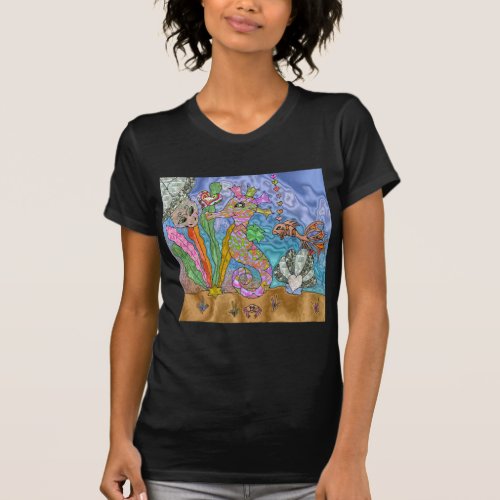 Psychedelic Seahorse Sea Turtle Art T_Shirt