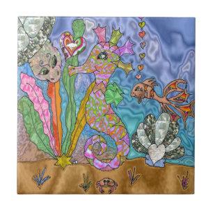 Psychedelic Seahorse Sea Turtle Art Tile