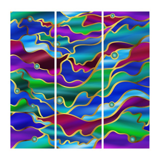 Psychedelic Seascape Stained Glass Abstract Triptych (Front)
