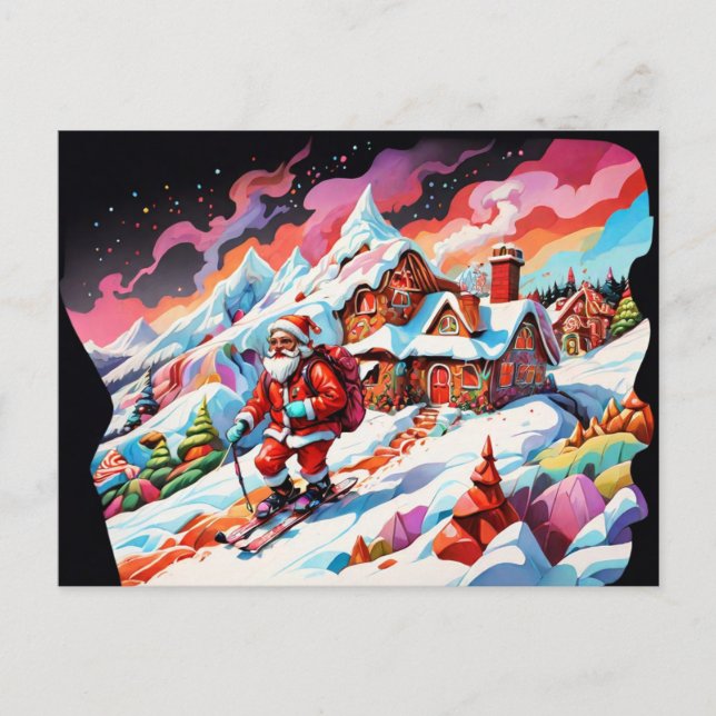 psychedelic skiing santa christmas holiday postcard (Front)