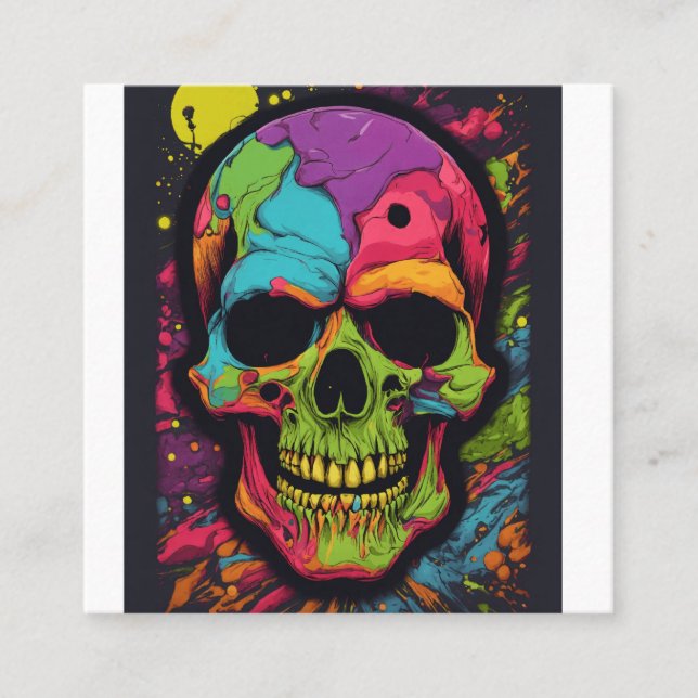 Psychedelic Skull Explosion Square Business Card (Front)