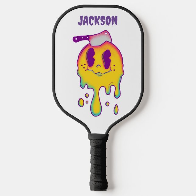 psychedelic smiley and skull custom name picklebal pickleball paddle (Front)