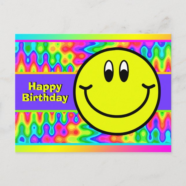 Psychedelic Smiling Face Emoji Birthday Postcard (Front)