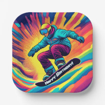 Psychedelic Snowboarder Birthday Paper Plate
