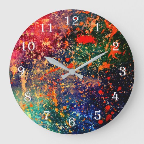 Psychedelic Splatter  Colorful Rainbow Abstract Large Clock