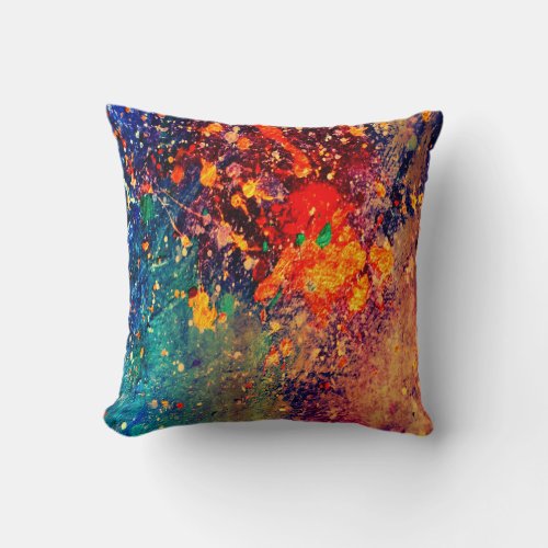 Psychedelic Splatter  Colorful Rainbow Abstract Throw Pillow