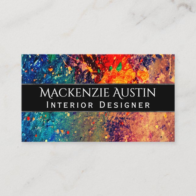 Psychedelic Splatter | Rainbow Abstract Monogram Business Card (Front)