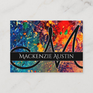 Psychedelic Splatter   Rainbow Abstract Monogram Business Card