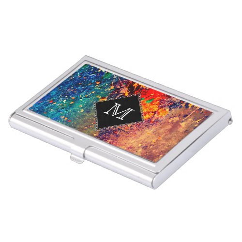 Psychedelic Splatter  Rainbow Abstract Monogram Business Card Holder