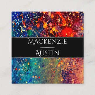 Psychedelic Splatter | Rainbow Abstract Monogram Square Business Card