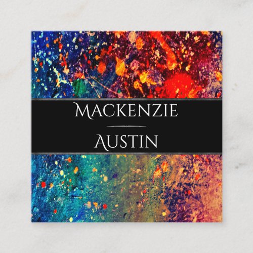 Psychedelic Splatter  Rainbow Abstract Monogram Square Business Card