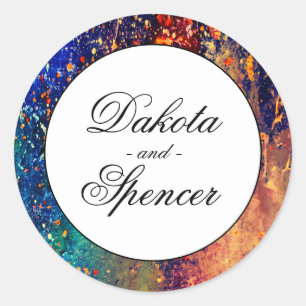 Psychedelic Splatter Rainbow Abstract Wedding Classic Round Sticker