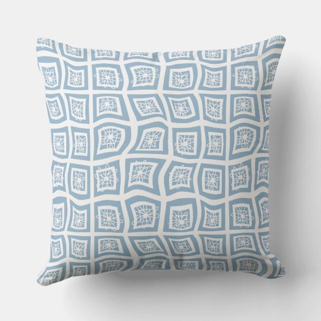 Psychedelic Square Prisms Check White Blue Floral Throw Pillow (Back)