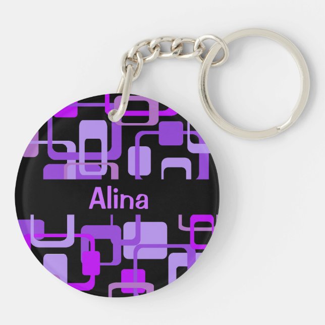 Psychedelic Squares Retro Look Personalized Purple Keychain (Back)