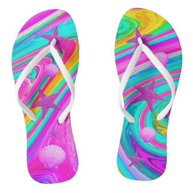 Psychedelic Starfish & Seashell Galaxy Flip Flops (Footbed)