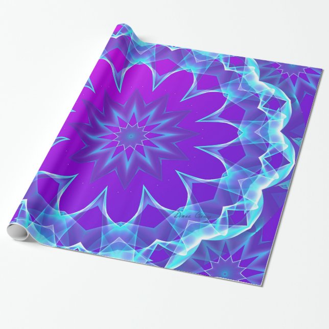 Psychedelic Stars, Abstract Violet Purple Glow Wrapping Paper (Unrolled)