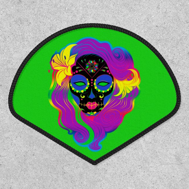 [Psychedelic Sugar Skull] Black on Green Calavera Patch (Front)