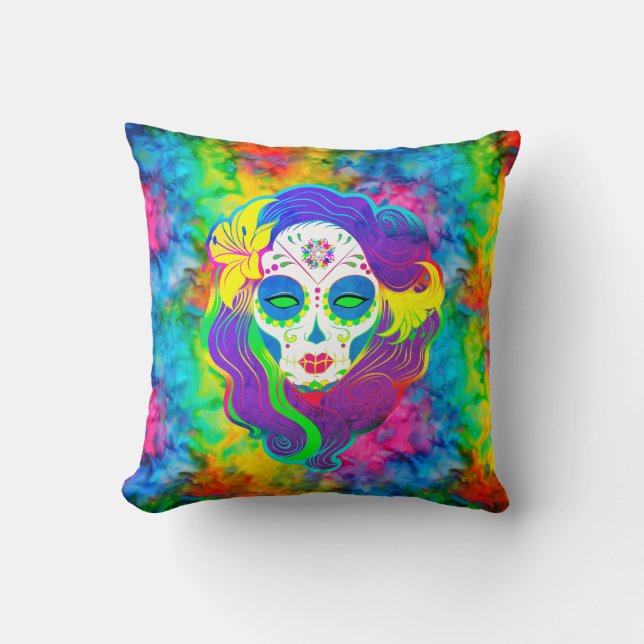 [Psychedelic Sugar Skull] Fractal Tie-Dye Calavera Throw Pillow (Front)