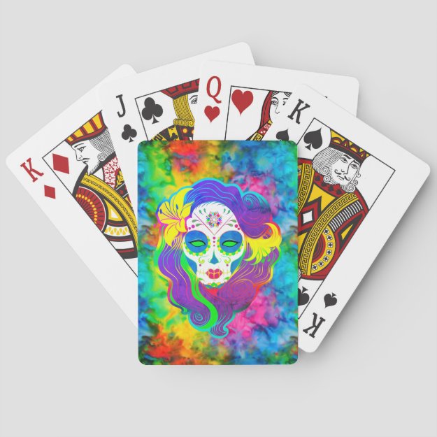 [Psychedelic Sugar Skull] Rainbow Tie-Dye Calavera Playing Cards
