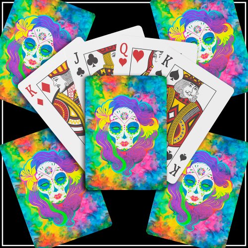 Psychedelic Sugar Skull Rainbow Tie_Dye Calavera Playing Cards