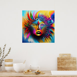 Psychedelic Sun Face Abstract Art Poster