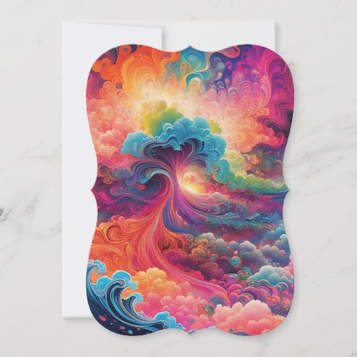 Psychedelic surealistic colorfu  art is marked b note card