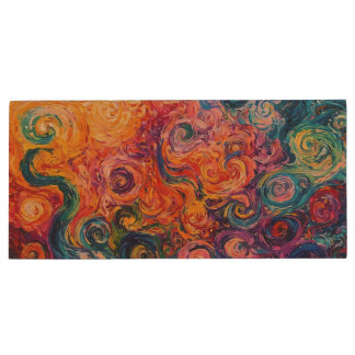 Psychedelic Swirls Oil Painting Wood Flash Drive