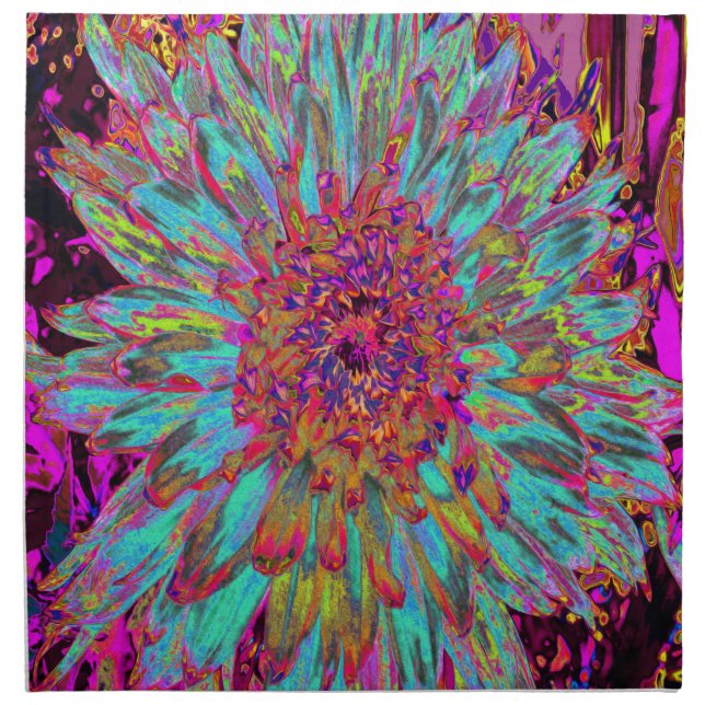 Psychedelic Teal Blue Abstract Decorative Dahlia Cloth Napkin (Front)