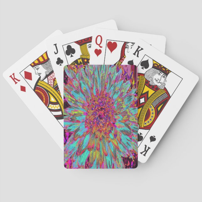 Psychedelic Teal Blue Abstract Decorative Dahlia Poker Cards (Back)