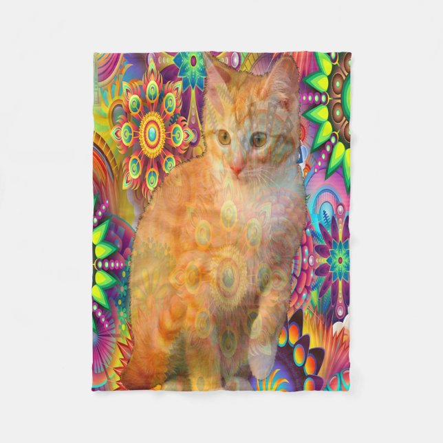 Psychedelic Tie Dye Cat Fleece Blanket (Front)