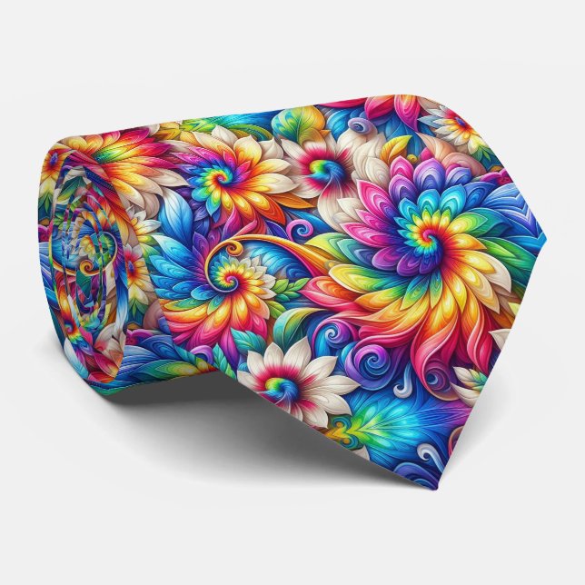 Psychedelic Tie-Dye Floral Pattern Neck Tie (Rolled)