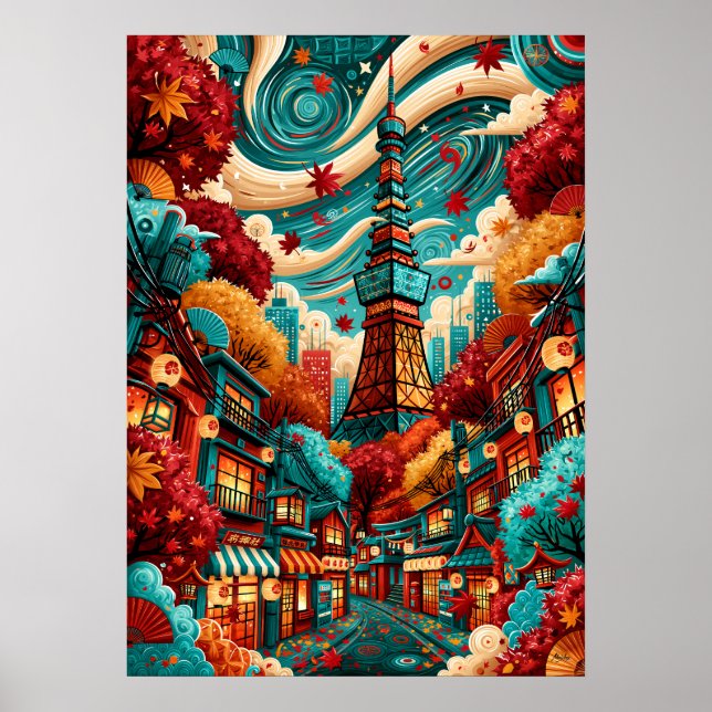 Psychedelic Tokyo Tower Cityscape Poster (Front)