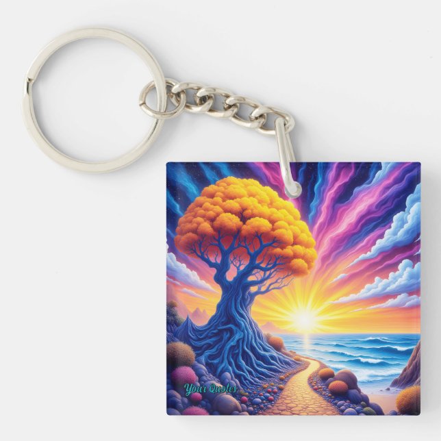 Psychedelic Tree Sunset Surreal Landscape Keychain (Front)