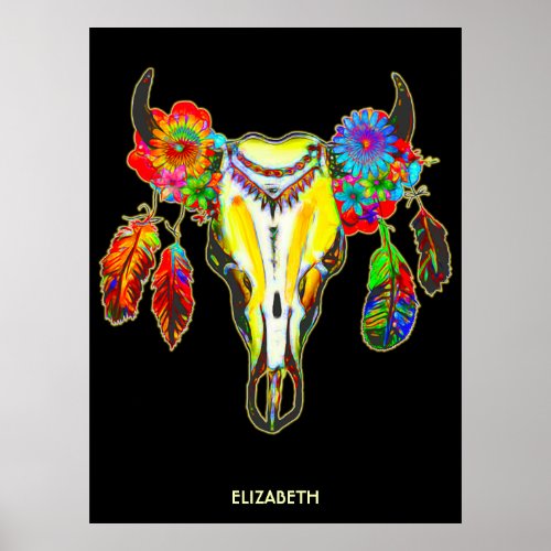Psychedelic Tribal Cow Skull Flowers Feathers Poster