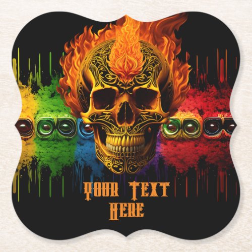Psychedelic Tribal Rock N Roll Skull Personalized  Paper Coaster
