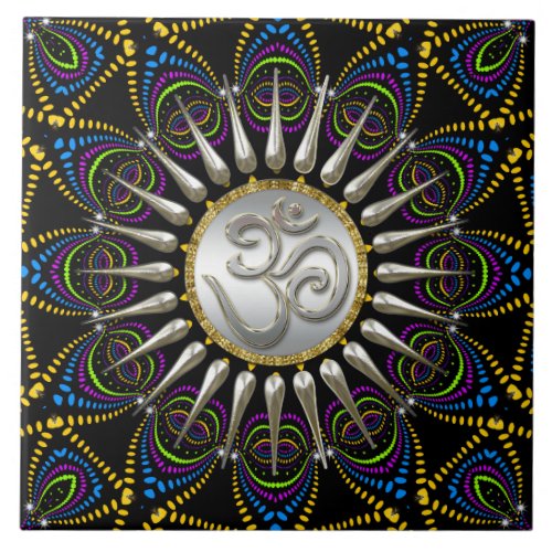 Psychedelic Tribe Silver Om Ceramic Tile