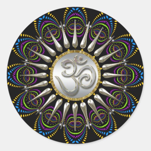 Psychedelic Tribe Silver Om Classic Round Sticker