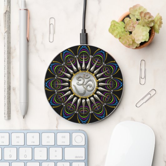 Psychedelic Tribe Silver Om Wireless Charger (Desk)
