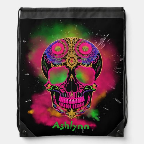 Psychedelic Trippy Custom Skull Colorful  Drawstring Bag