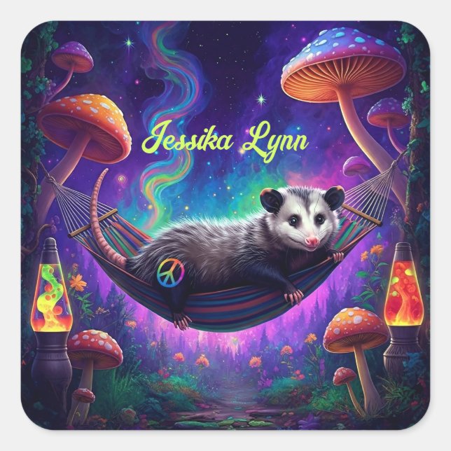 Psychedelic Trippy Hippie Opossum Custom Personal Square Sticker (Front)