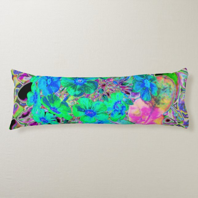 Psychedelic Trippy Lime Green and Blue Flowers Body Pillow (Front)