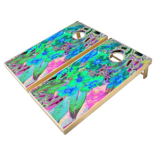 Psychedelic Trippy Lime Green and Blue Flowers Cornhole Set