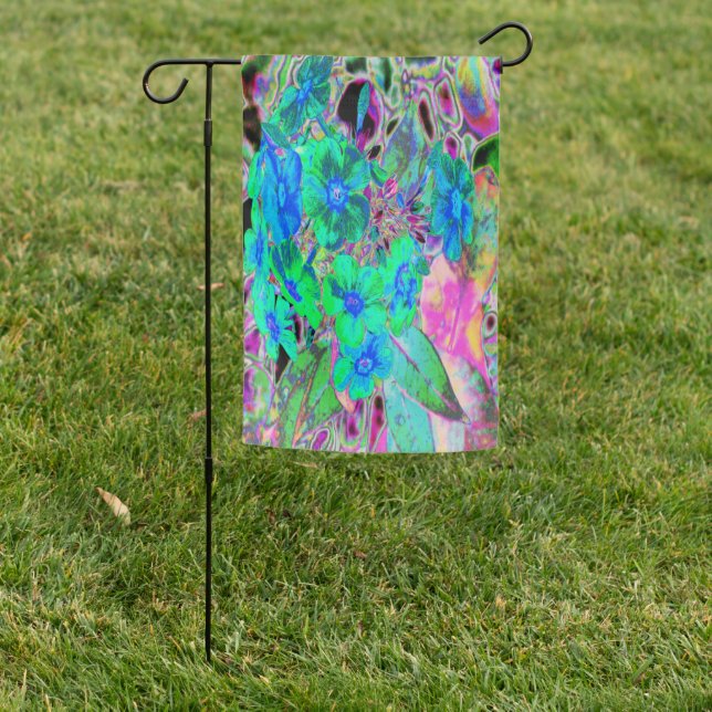 Psychedelic Trippy Lime Green and Blue Flowers Garden Flag (In SItu)